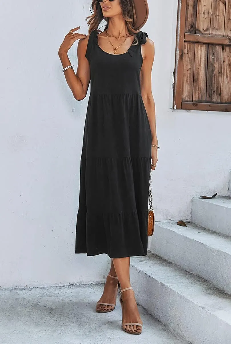 chouyatou Women's Summer Adjustable Spaghetti Strap Solid Ruffle Swing Midi Dress