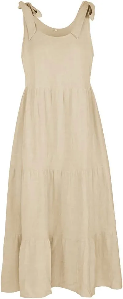 chouyatou Women's Summer Adjustable Spaghetti Strap Solid Ruffle Swing Midi Dress