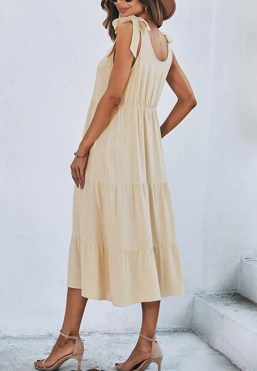 chouyatou Women's Summer Adjustable Spaghetti Strap Solid Ruffle Swing Midi Dress
