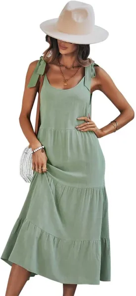 chouyatou Women's Summer Adjustable Spaghetti Strap Solid Ruffle Swing Midi Dress
