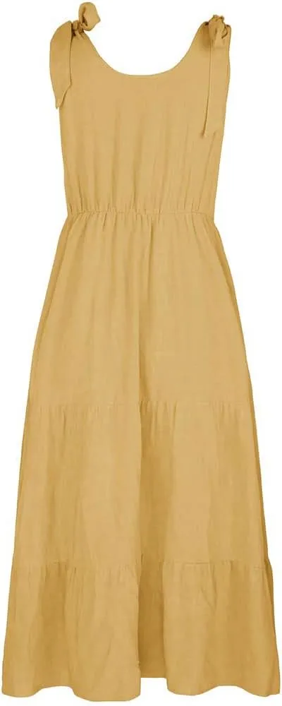 chouyatou Women's Summer Adjustable Spaghetti Strap Solid Ruffle Swing Midi Dress