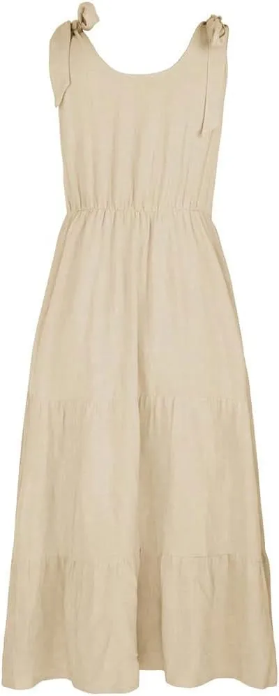 chouyatou Women's Summer Adjustable Spaghetti Strap Solid Ruffle Swing Midi Dress