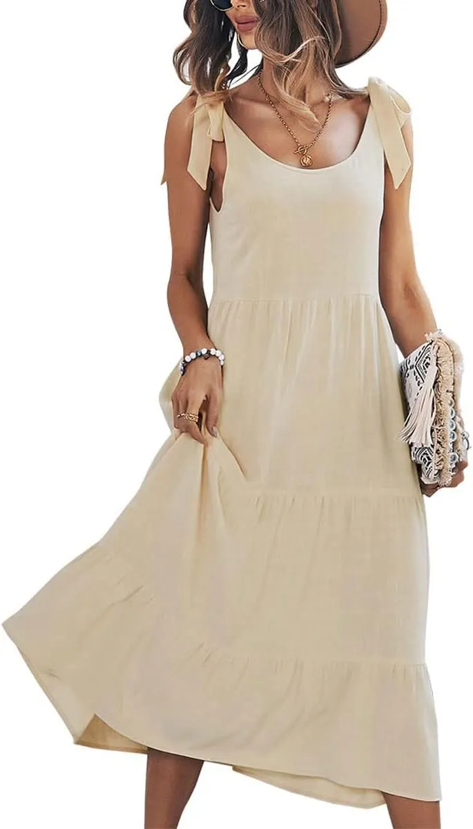 chouyatou Women's Summer Adjustable Spaghetti Strap Solid Ruffle Swing Midi Dress