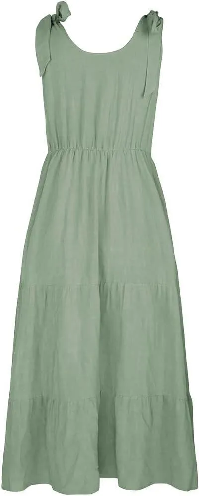 chouyatou Women's Summer Adjustable Spaghetti Strap Solid Ruffle Swing Midi Dress
