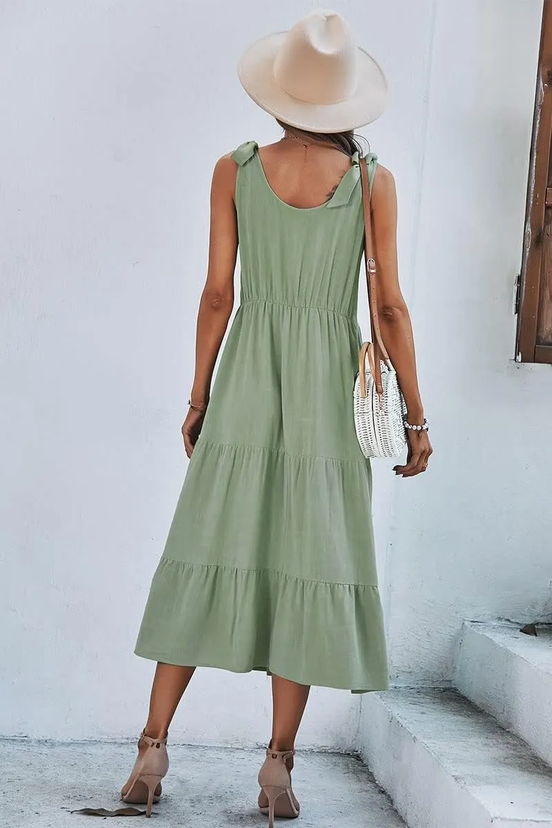 chouyatou Women's Summer Adjustable Spaghetti Strap Solid Ruffle Swing Midi Dress