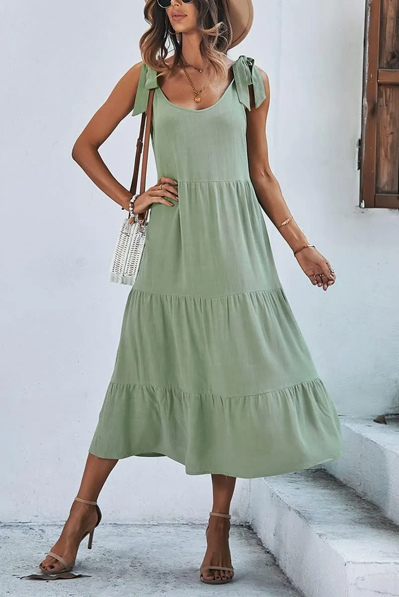 chouyatou Women's Summer Adjustable Spaghetti Strap Solid Ruffle Swing Midi Dress
