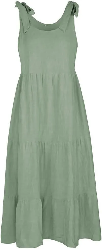chouyatou Women's Summer Adjustable Spaghetti Strap Solid Ruffle Swing Midi Dress