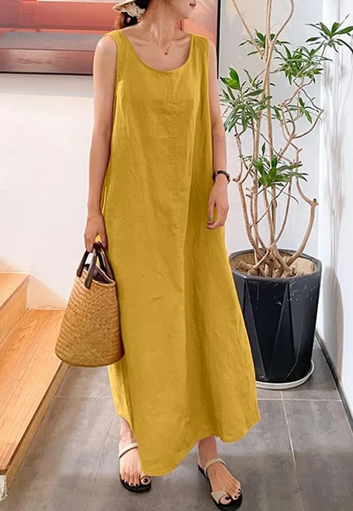 chouyatou Women's Summer Casual Sleeveless Cotton Sun Dress Maxi Tunic Tank Beach Dress with Pocket