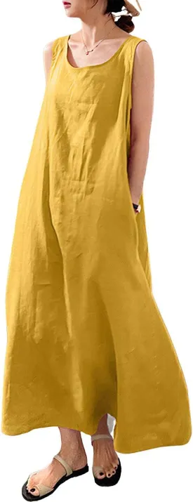 chouyatou Women's Summer Casual Sleeveless Cotton Sun Dress Maxi Tunic Tank Beach Dress with Pocket