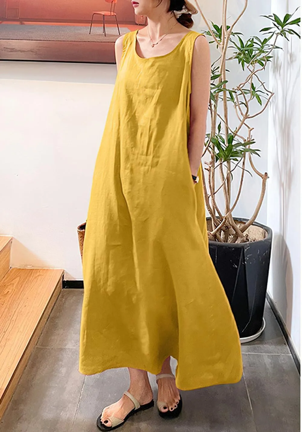 chouyatou Women's Summer Casual Sleeveless Cotton Sun Dress Maxi Tunic Tank Beach Dress with Pocket
