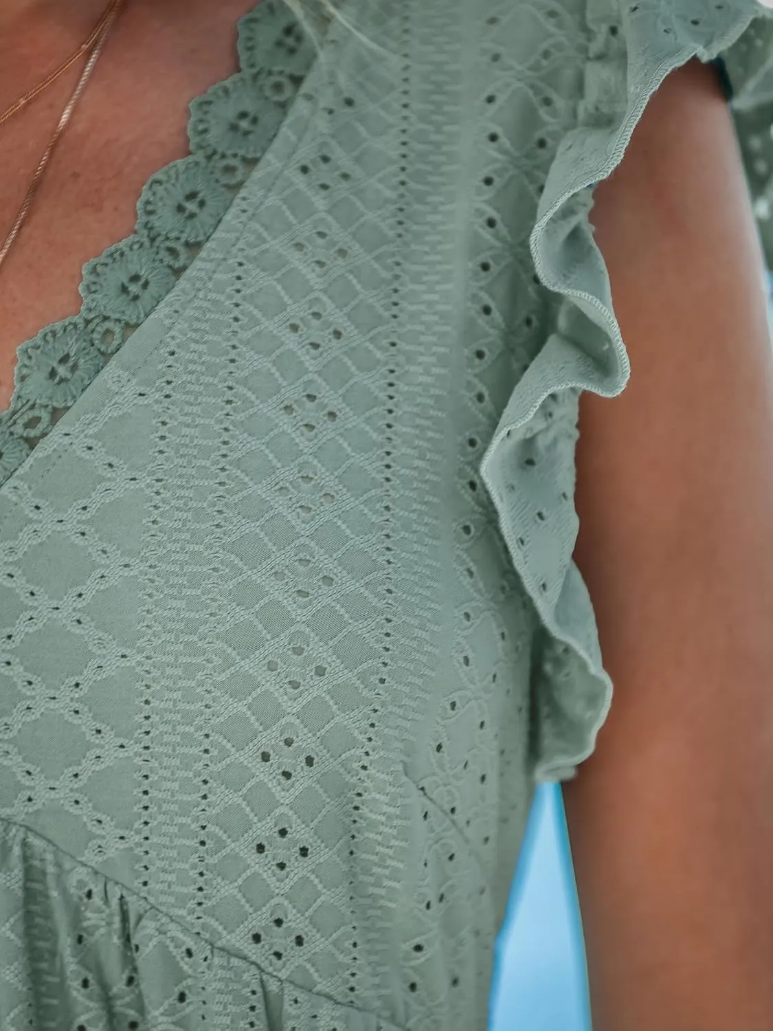 CUPSHE Beach Dress V Neck Cap Flutter Sleeve Lace Hollow Out Pleated Summer Mini Cover Up Dress