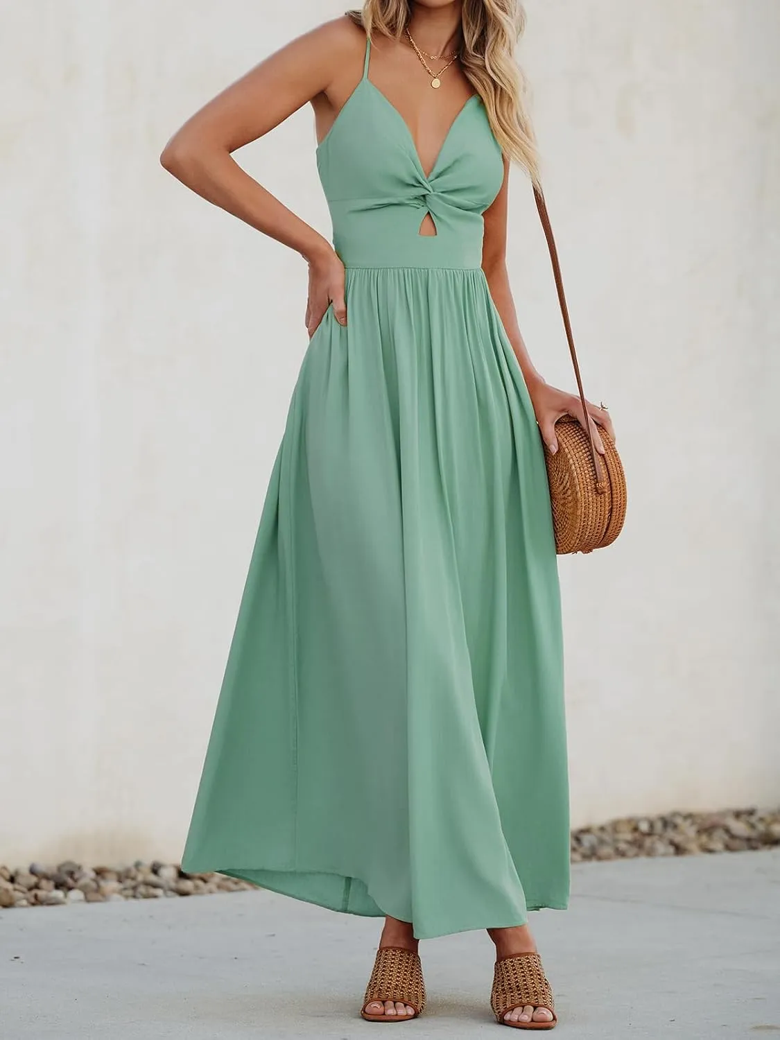 CUPSHE Women Casual Dress Beach Sleeveless V Neck Summer Cutout Spaghetti Straps Formal Maxi Sun Dresses