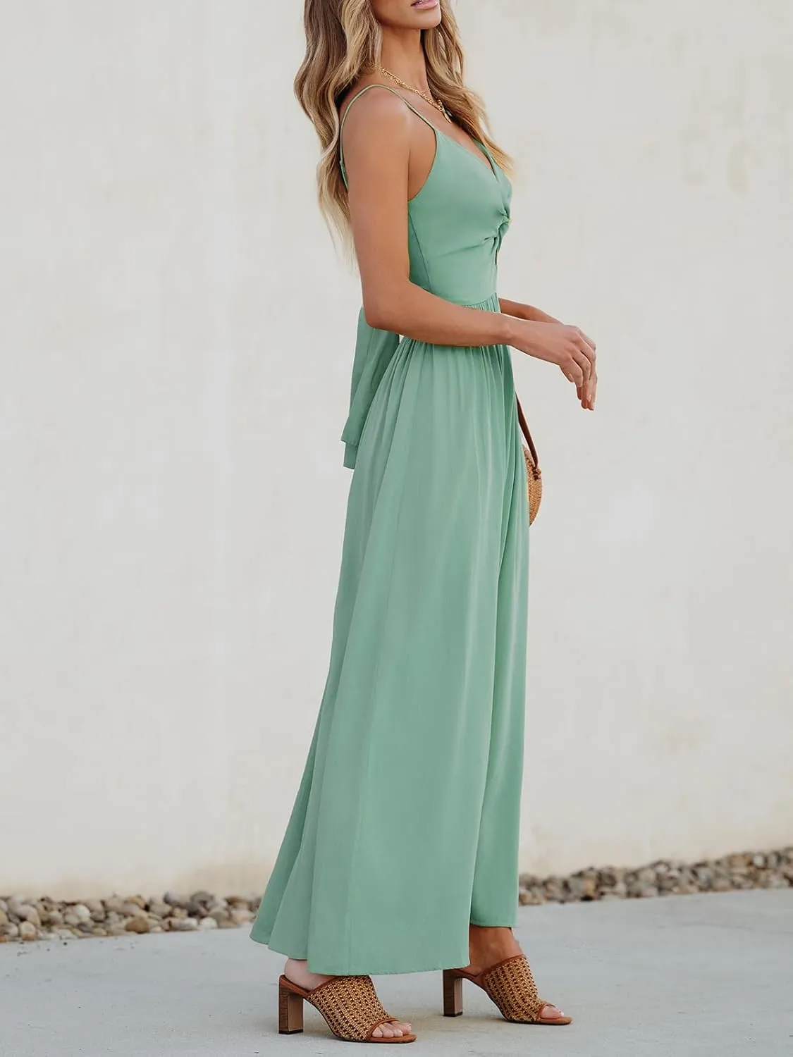 CUPSHE Women Casual Dress Beach Sleeveless V Neck Summer Cutout Spaghetti Straps Formal Maxi Sun Dresses