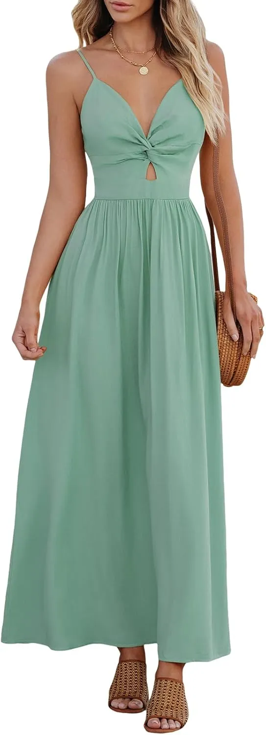 CUPSHE Women Casual Dress Beach Sleeveless V Neck Summer Cutout Spaghetti Straps Formal Maxi Sun Dresses