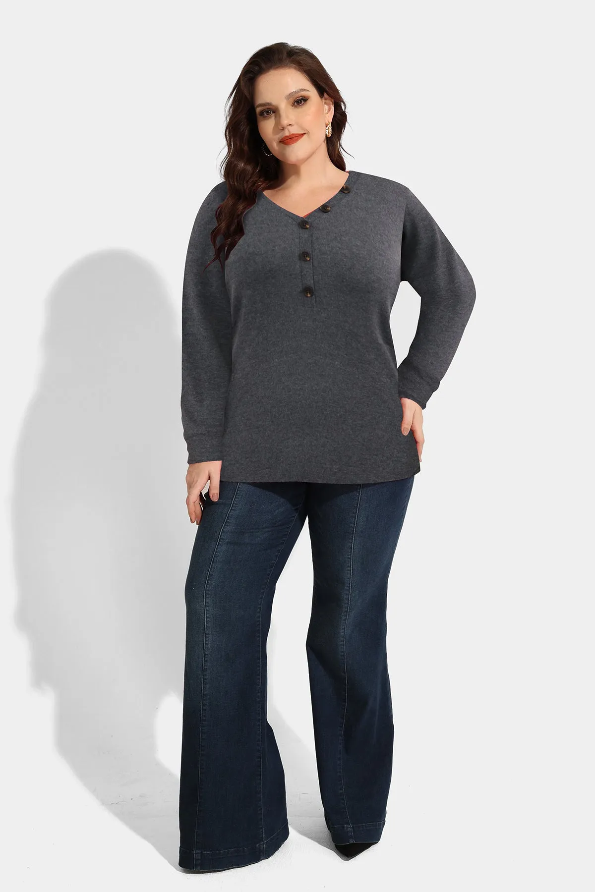 Essential Solid Button V Neck Long Sleeve Shirt