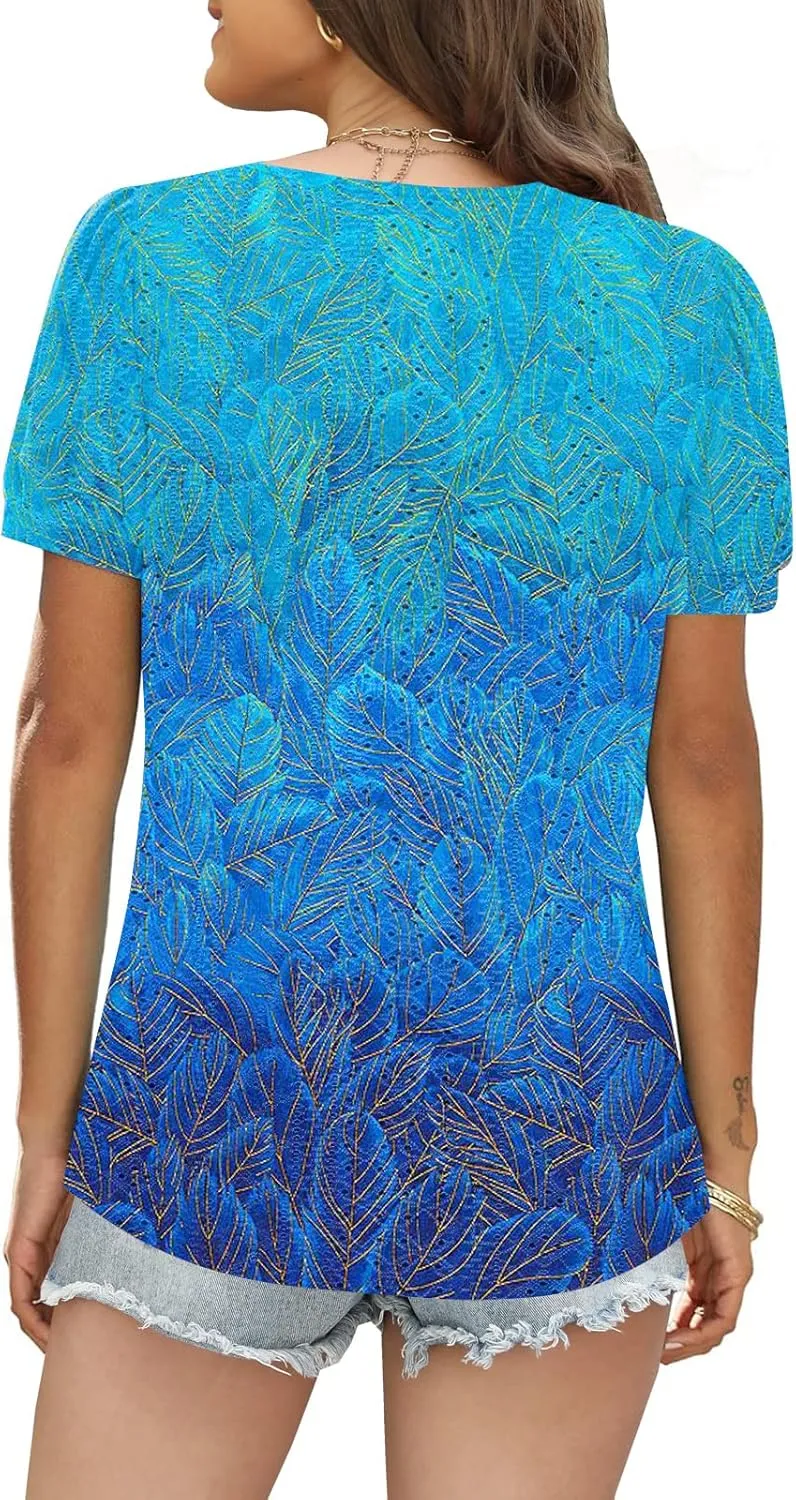 ETCYY Womens Tops Causal Puff Sleeve Summer Trendy Cute Print Lace V Neck Solid Color Loose Fit Short Sleeve Shirts