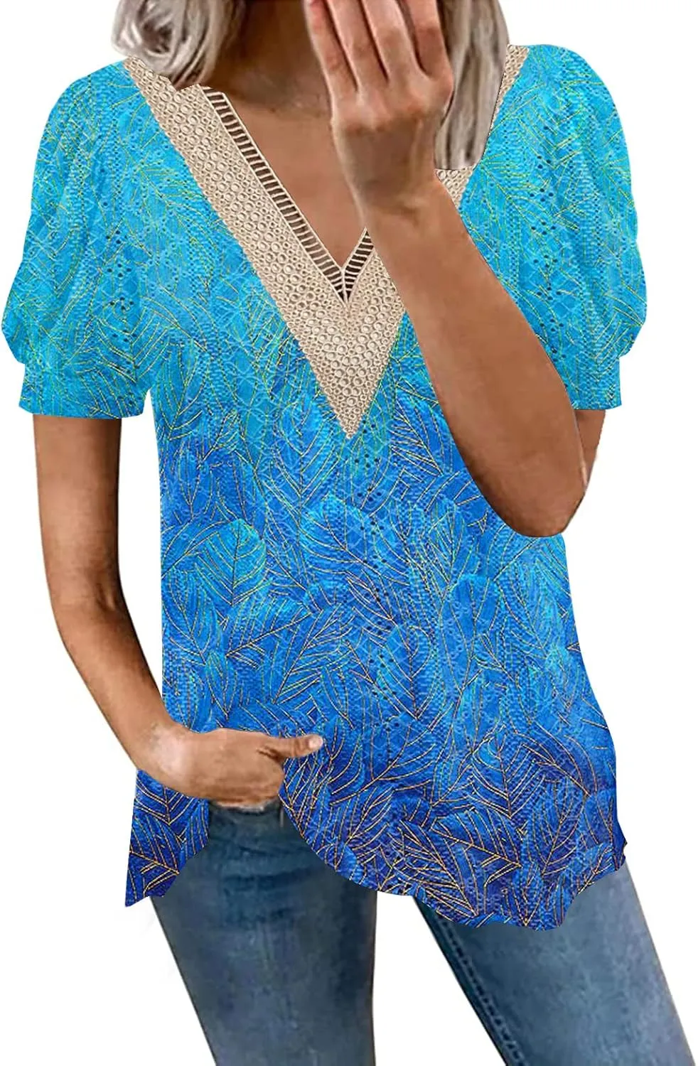 ETCYY Womens Tops Causal Puff Sleeve Summer Trendy Cute Print Lace V Neck Solid Color Loose Fit Short Sleeve Shirts