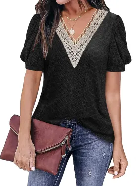 ETCYY Womens Tops Causal Puff Sleeve Summer Trendy Cute Print Lace V Neck Solid Color Loose Fit Short Sleeve Shirts