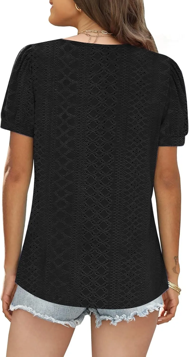 ETCYY Womens Tops Causal Puff Sleeve Summer Trendy Cute Print Lace V Neck Solid Color Loose Fit Short Sleeve Shirts