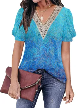 ETCYY Womens Tops Causal Puff Sleeve Summer Trendy Cute Print Lace V Neck Solid Color Loose Fit Short Sleeve Shirts