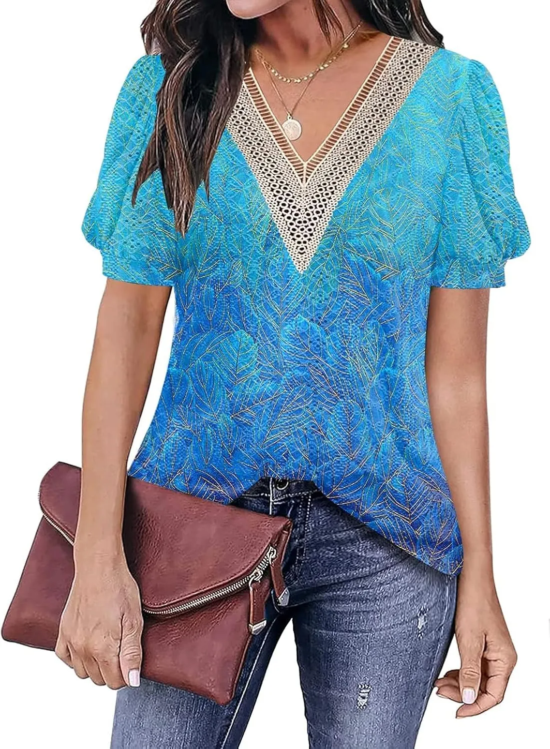 ETCYY Womens Tops Causal Puff Sleeve Summer Trendy Cute Print Lace V Neck Solid Color Loose Fit Short Sleeve Shirts