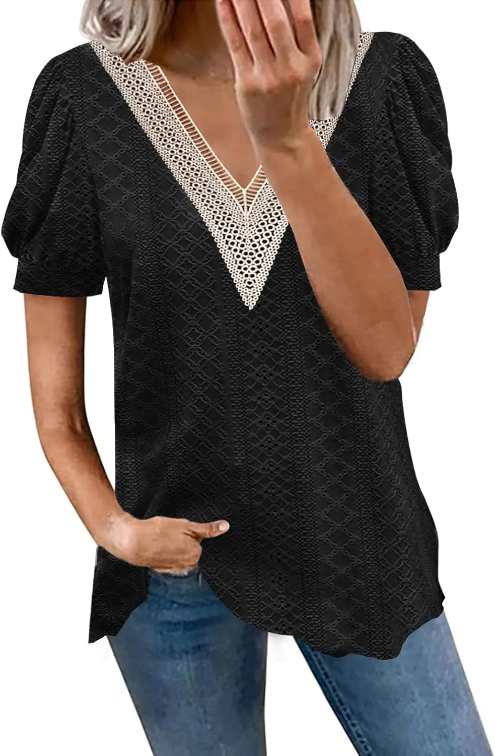 ETCYY Womens Tops Causal Puff Sleeve Summer Trendy Cute Print Lace V Neck Solid Color Loose Fit Short Sleeve Shirts