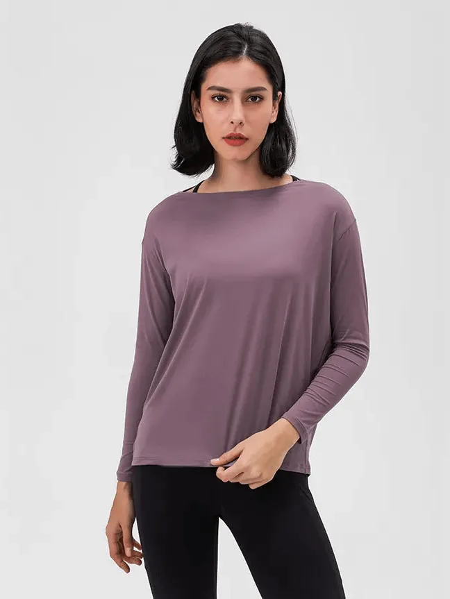 Fashion Solid Color Long Sleeves Loose Top for Gym - SF1821