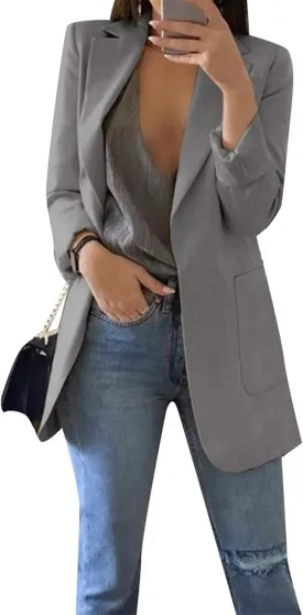 FLITAY Womens Long Sleeve Solid Color Blazer Open Front Slim Fit Work Jackets Coat