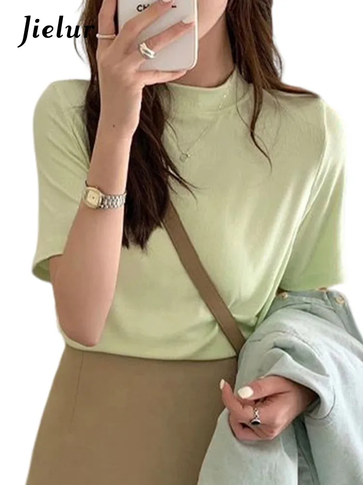 French Style Chic Solid Color Women T-shirts Summer Green Short Sleeve O-neck Fashion Female T-shirt Simple Black T-shirt