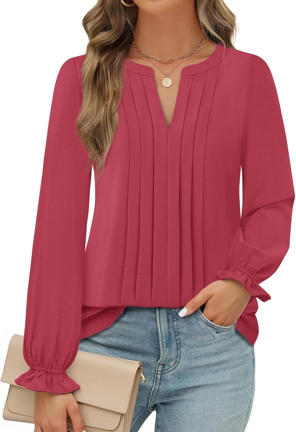 Gaharu Women's Work Blouses Pleated Dressy Tops Long Sleeve V Neck Office Business Shirts Fall Fashion 2024