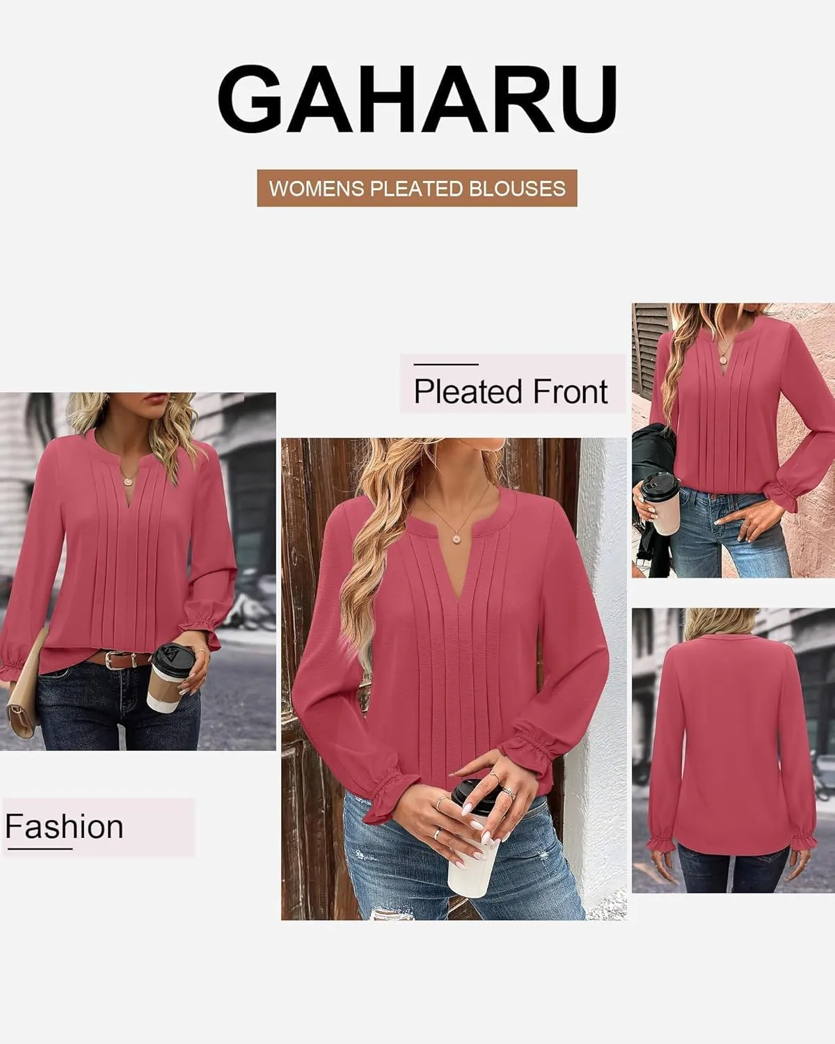 Gaharu Women's Work Blouses Pleated Dressy Tops Long Sleeve V Neck Office Business Shirts Fall Fashion 2024