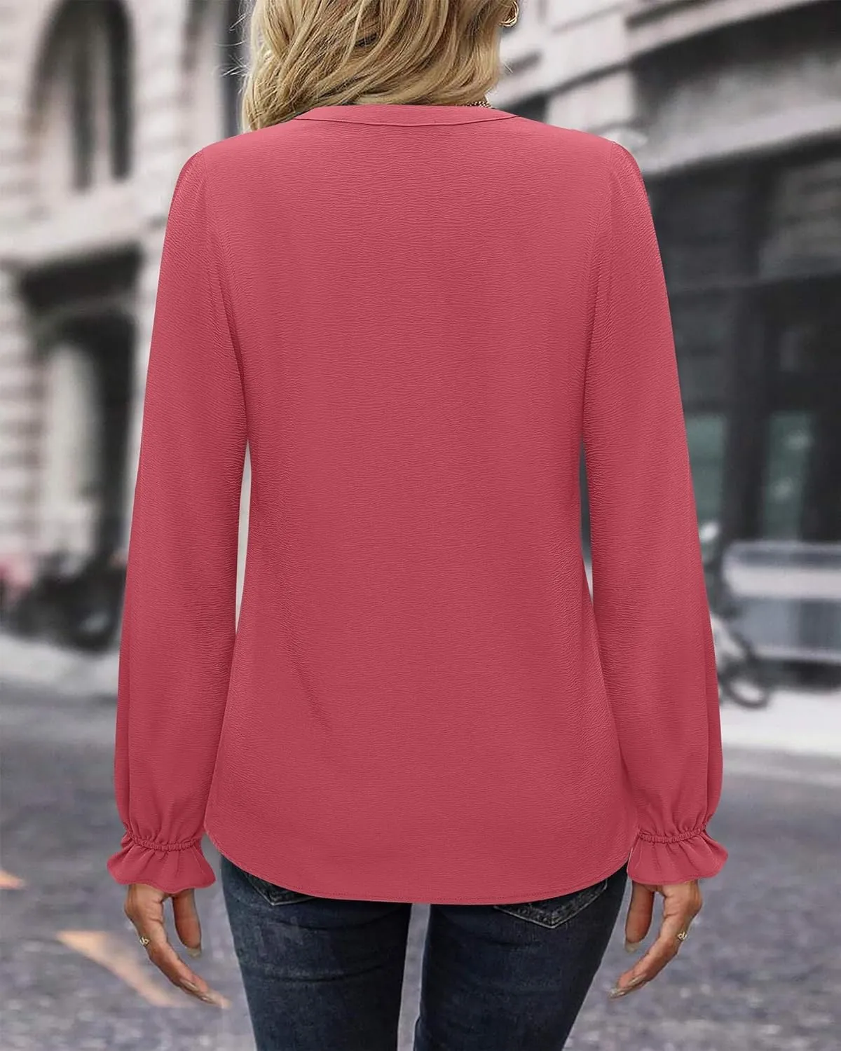 Gaharu Women's Work Blouses Pleated Dressy Tops Long Sleeve V Neck Office Business Shirts Fall Fashion 2024