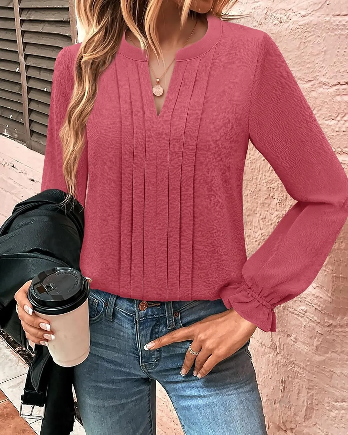 Gaharu Women's Work Blouses Pleated Dressy Tops Long Sleeve V Neck Office Business Shirts Fall Fashion 2024