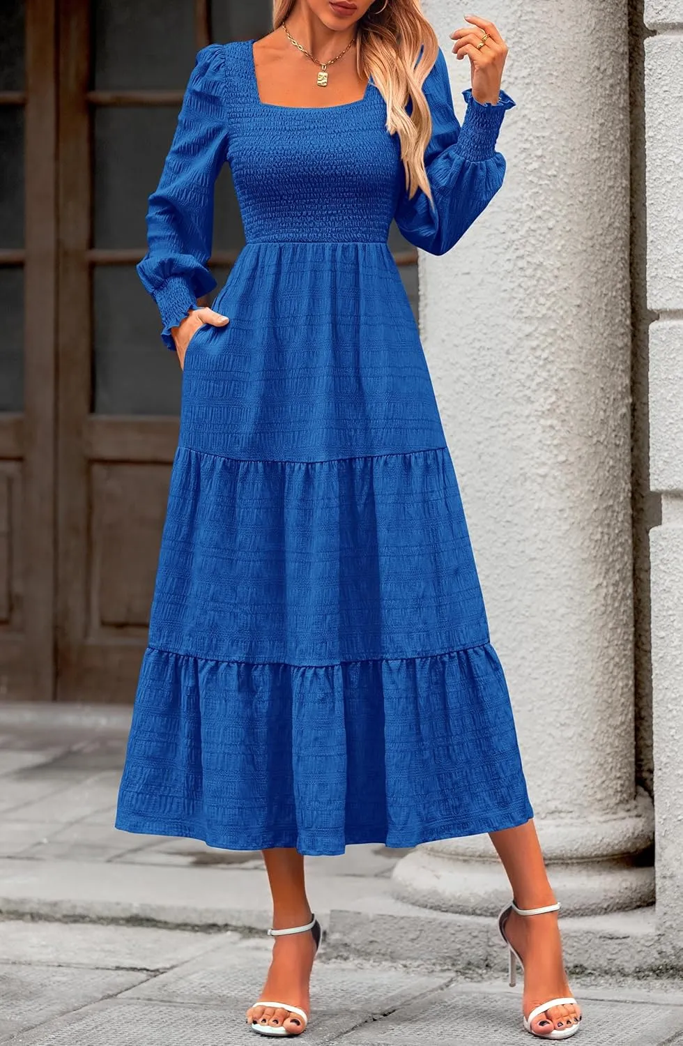 KIRUNDO Women Spring Wedding Guest Maxi Dress Elegant Puff Long Sleeve Summer Smocked Empire Waist Swing Flowy Long Dresses