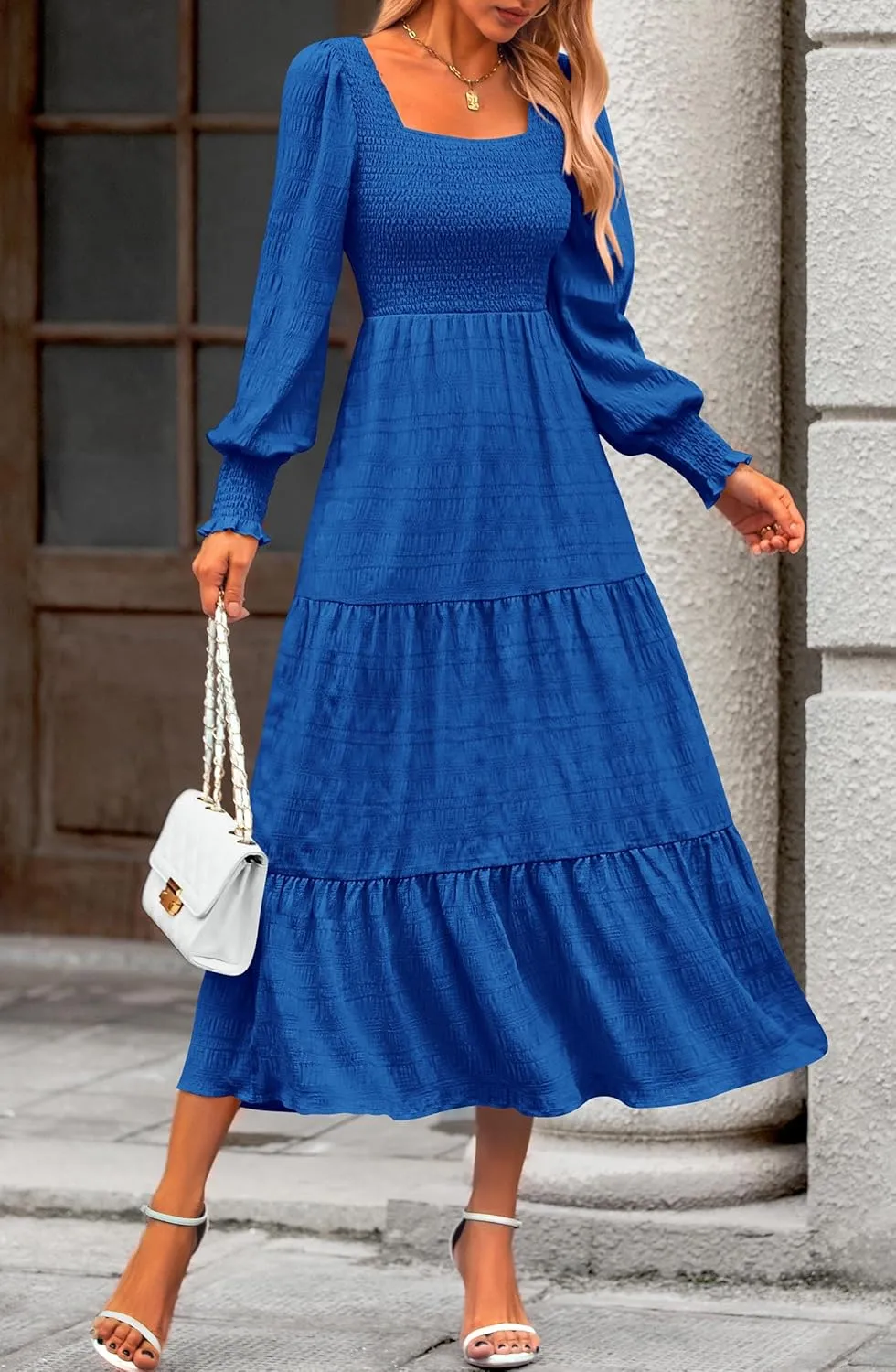 KIRUNDO Women Spring Wedding Guest Maxi Dress Elegant Puff Long Sleeve Summer Smocked Empire Waist Swing Flowy Long Dresses