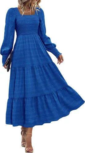 KIRUNDO Women Spring Wedding Guest Maxi Dress Elegant Puff Long Sleeve Summer Smocked Empire Waist Swing Flowy Long Dresses