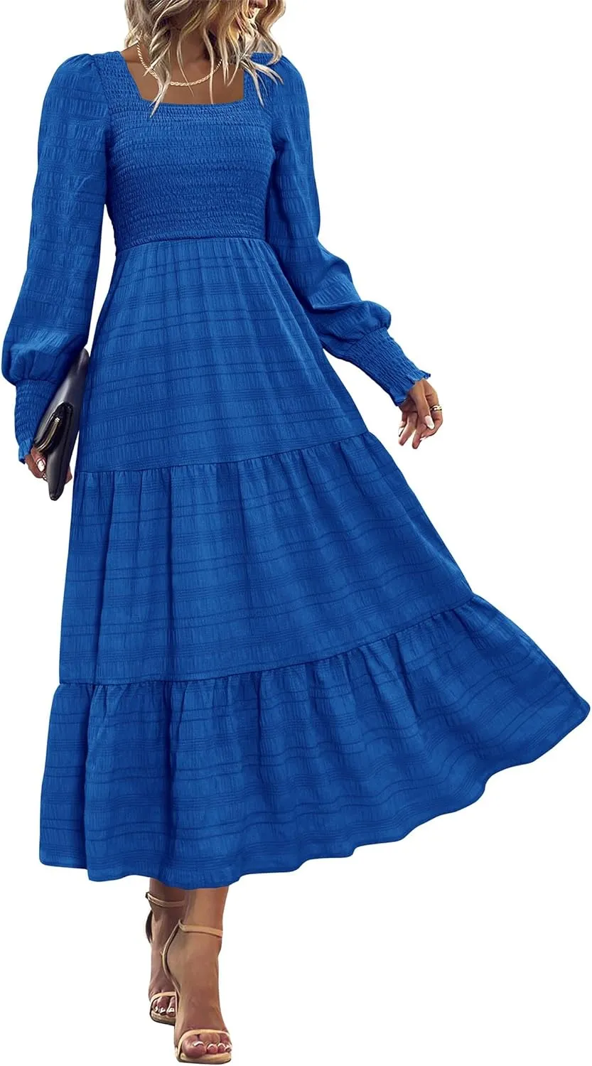 KIRUNDO Women Spring Wedding Guest Maxi Dress Elegant Puff Long Sleeve Summer Smocked Empire Waist Swing Flowy Long Dresses