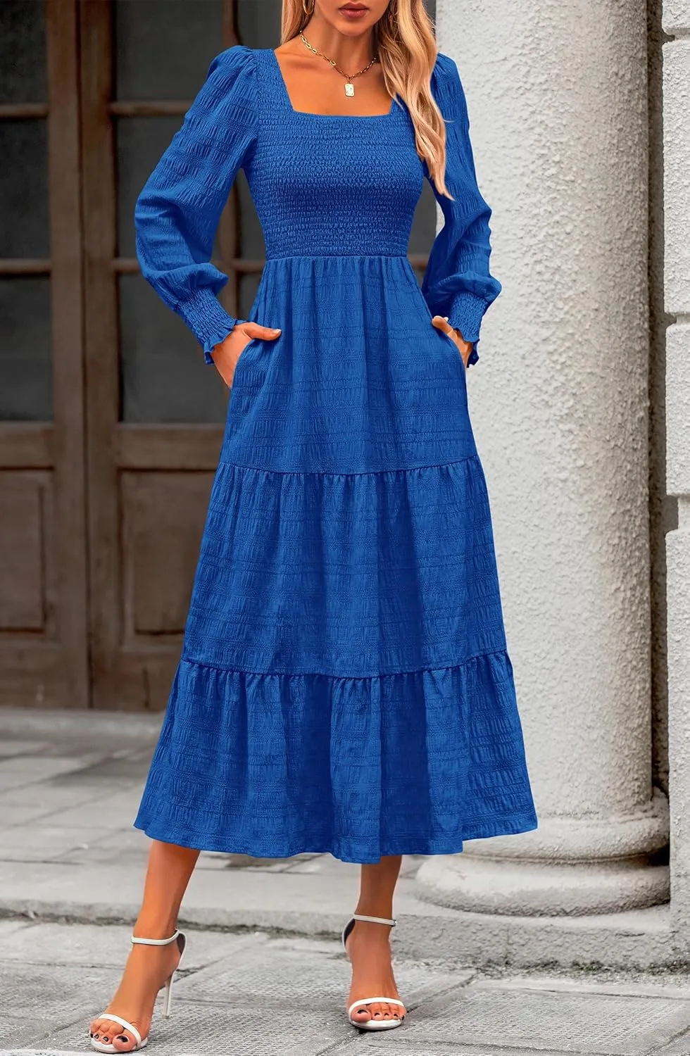 KIRUNDO Women Spring Wedding Guest Maxi Dress Elegant Puff Long Sleeve Summer Smocked Empire Waist Swing Flowy Long Dresses