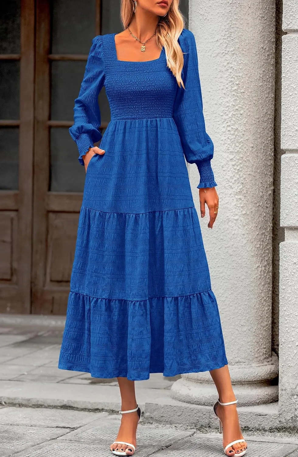 KIRUNDO Women Spring Wedding Guest Maxi Dress Elegant Puff Long Sleeve Summer Smocked Empire Waist Swing Flowy Long Dresses