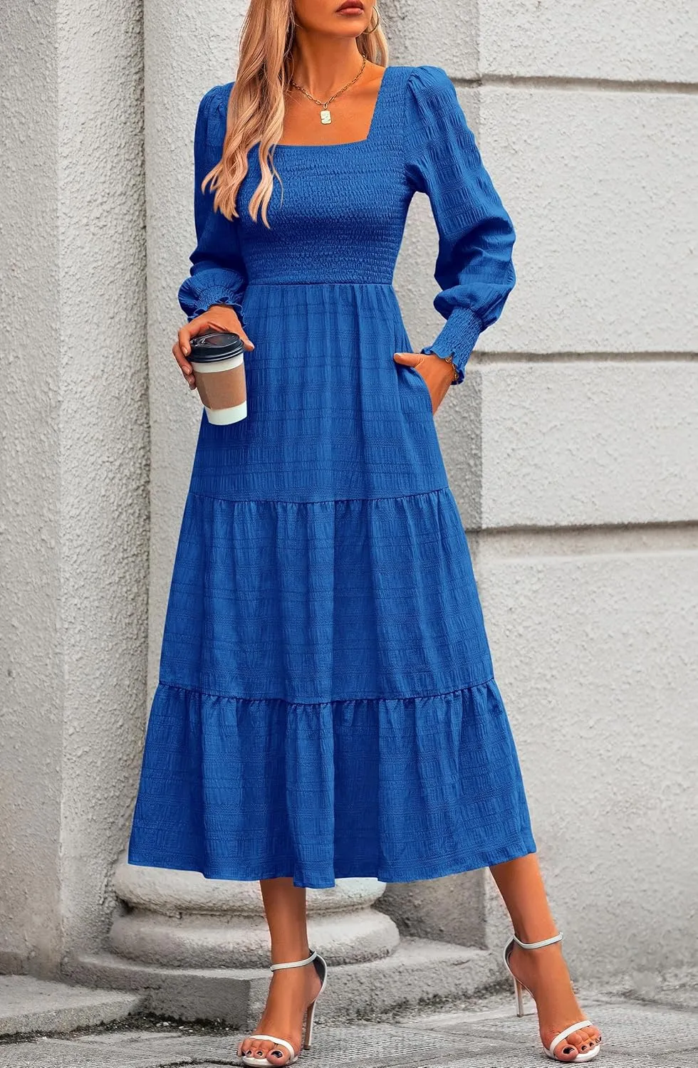 KIRUNDO Women Spring Wedding Guest Maxi Dress Elegant Puff Long Sleeve Summer Smocked Empire Waist Swing Flowy Long Dresses