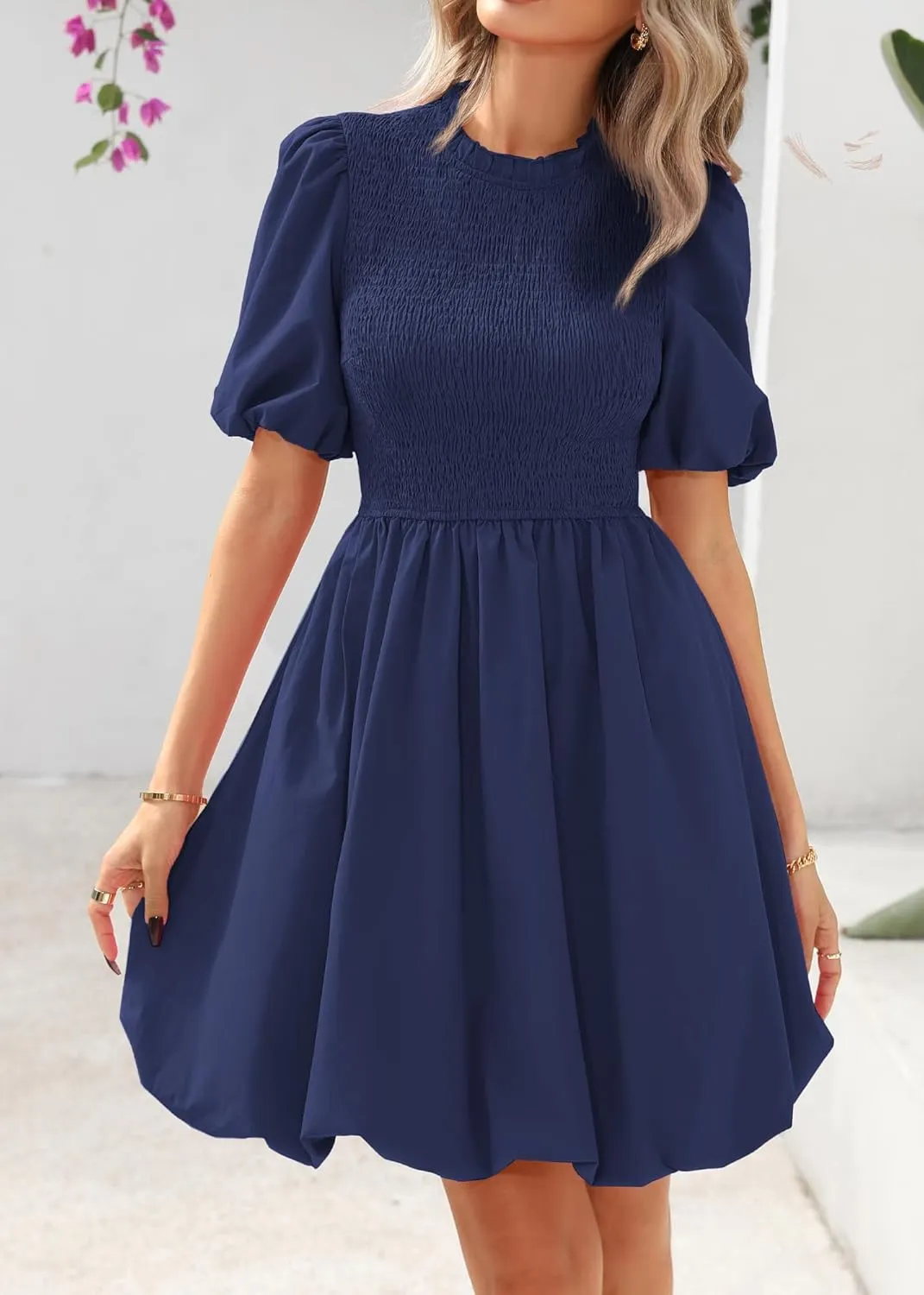 KIRUNDO Womens Summer Smocked Mini Dress 2025 Spring Puff Short Sleeve Boho Ruffle Crewneck Bubble A Line Short Dresses
