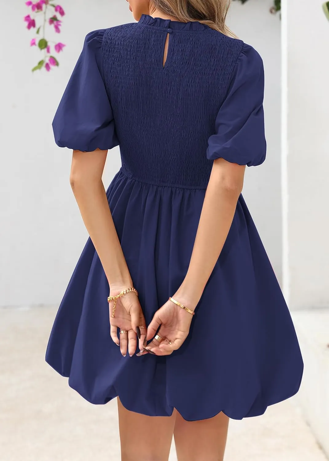 KIRUNDO Womens Summer Smocked Mini Dress 2025 Spring Puff Short Sleeve Boho Ruffle Crewneck Bubble A Line Short Dresses