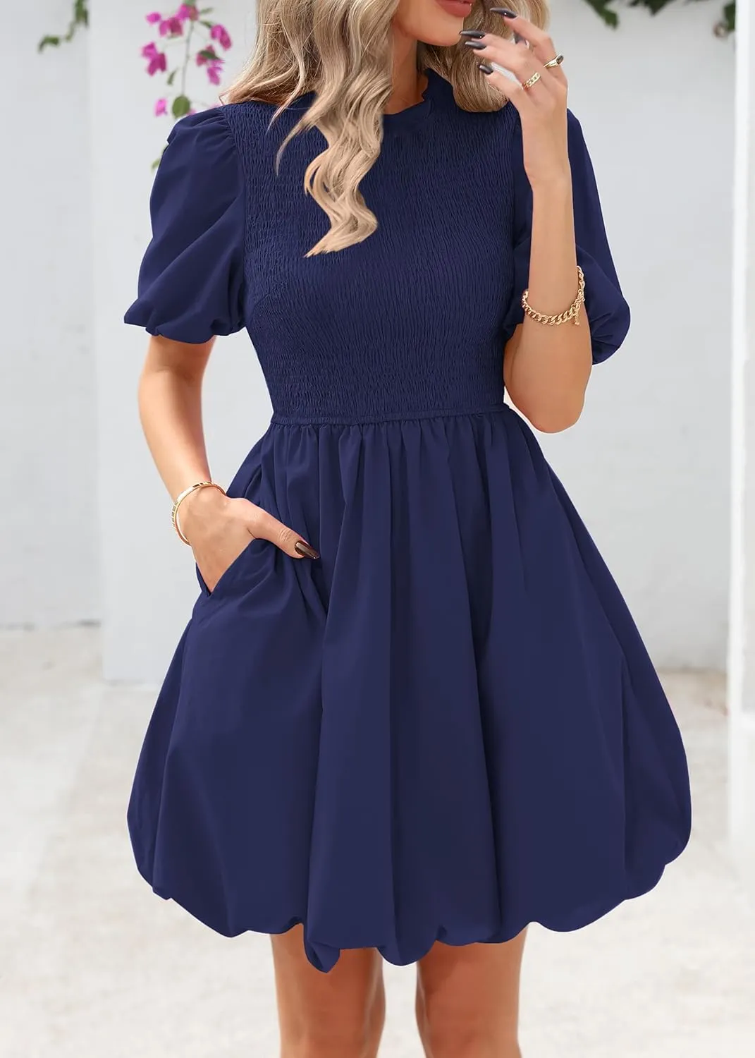 KIRUNDO Womens Summer Smocked Mini Dress 2025 Spring Puff Short Sleeve Boho Ruffle Crewneck Bubble A Line Short Dresses