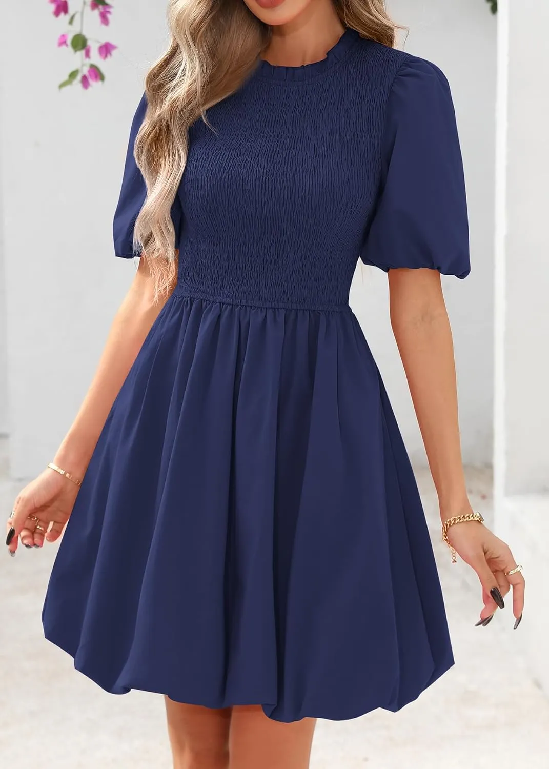 KIRUNDO Womens Summer Smocked Mini Dress 2025 Spring Puff Short Sleeve Boho Ruffle Crewneck Bubble A Line Short Dresses