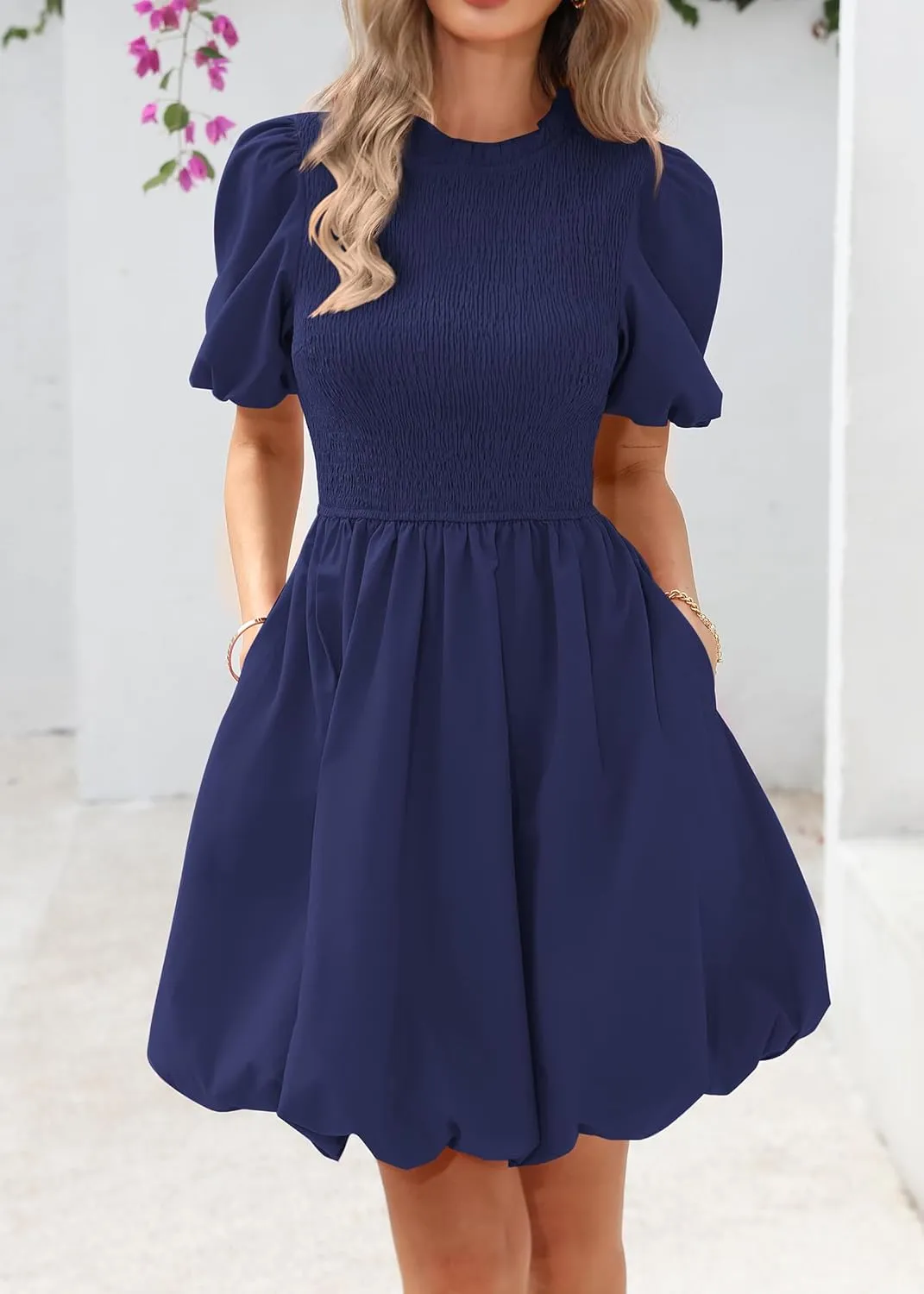 KIRUNDO Womens Summer Smocked Mini Dress 2025 Spring Puff Short Sleeve Boho Ruffle Crewneck Bubble A Line Short Dresses