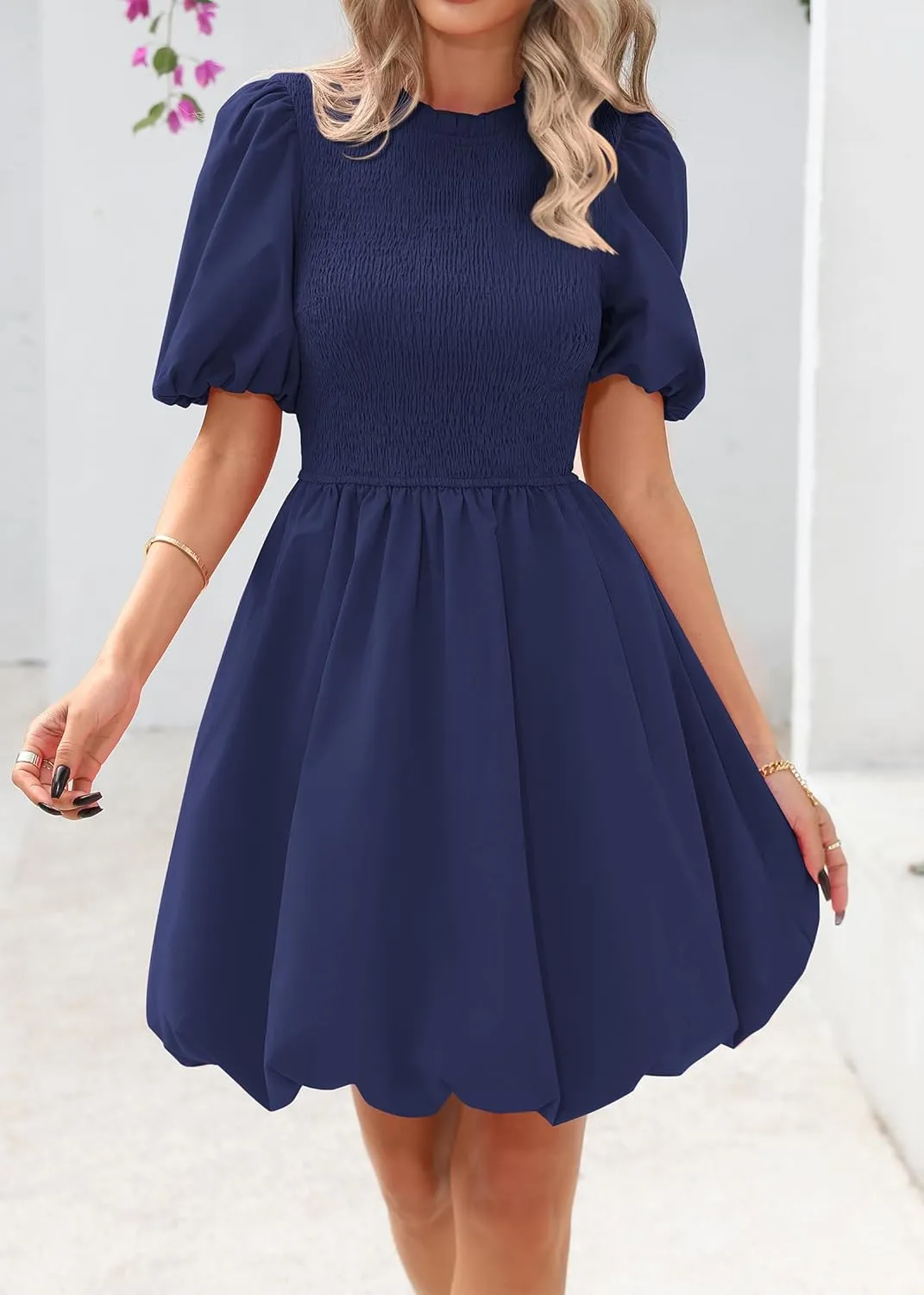 KIRUNDO Womens Summer Smocked Mini Dress 2025 Spring Puff Short Sleeve Boho Ruffle Crewneck Bubble A Line Short Dresses
