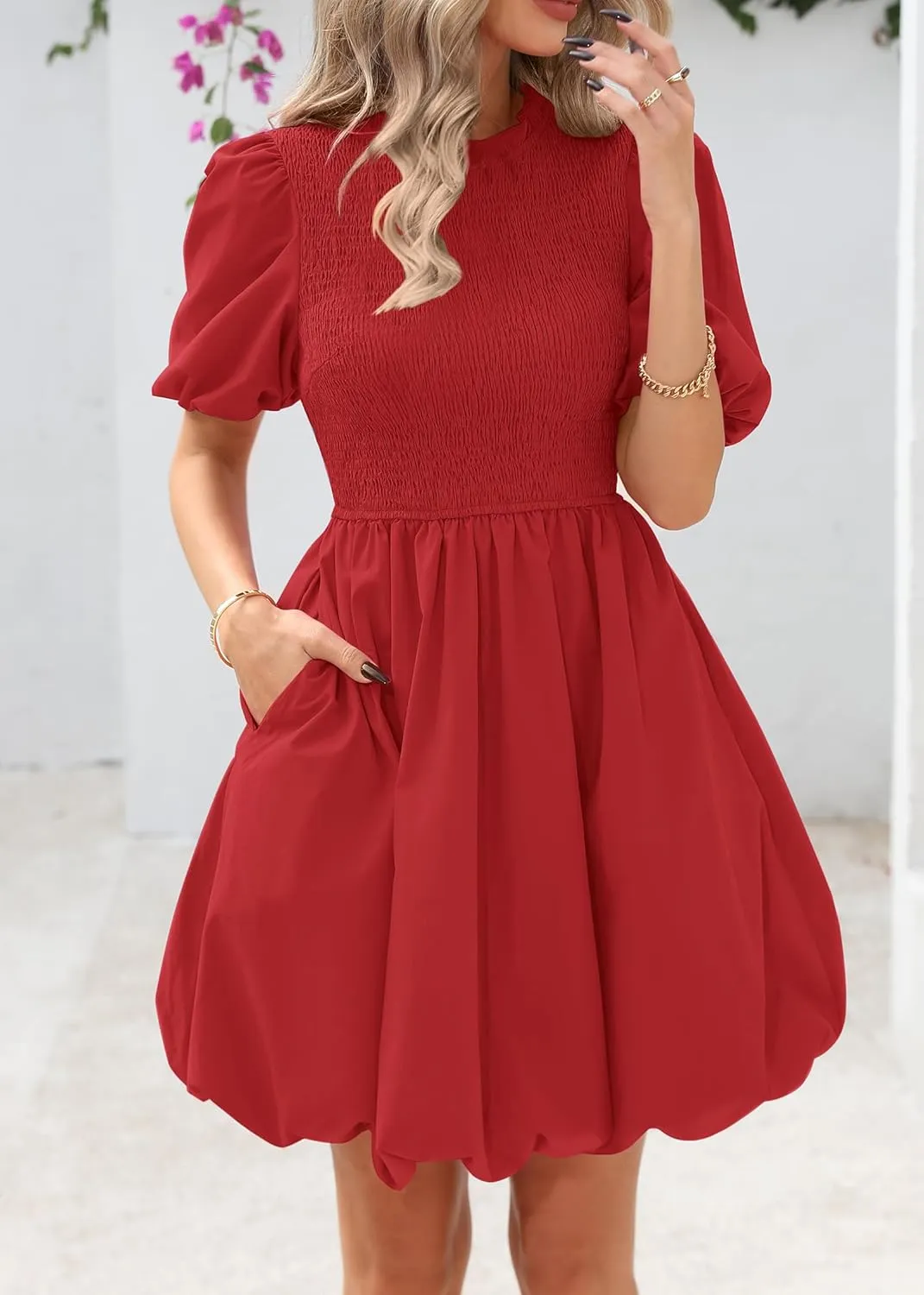 KIRUNDO Womens Summer Smocked Mini Dress 2025 Spring Puff Short Sleeve Boho Ruffle Crewneck Bubble A Line Short Dresses