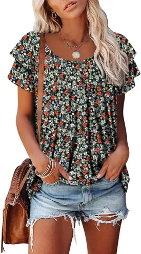 Magritta Womens Shirts Dressy Casual Short Sleeve Blouses Loose Fit Pleated Front Summer Tunic Tops