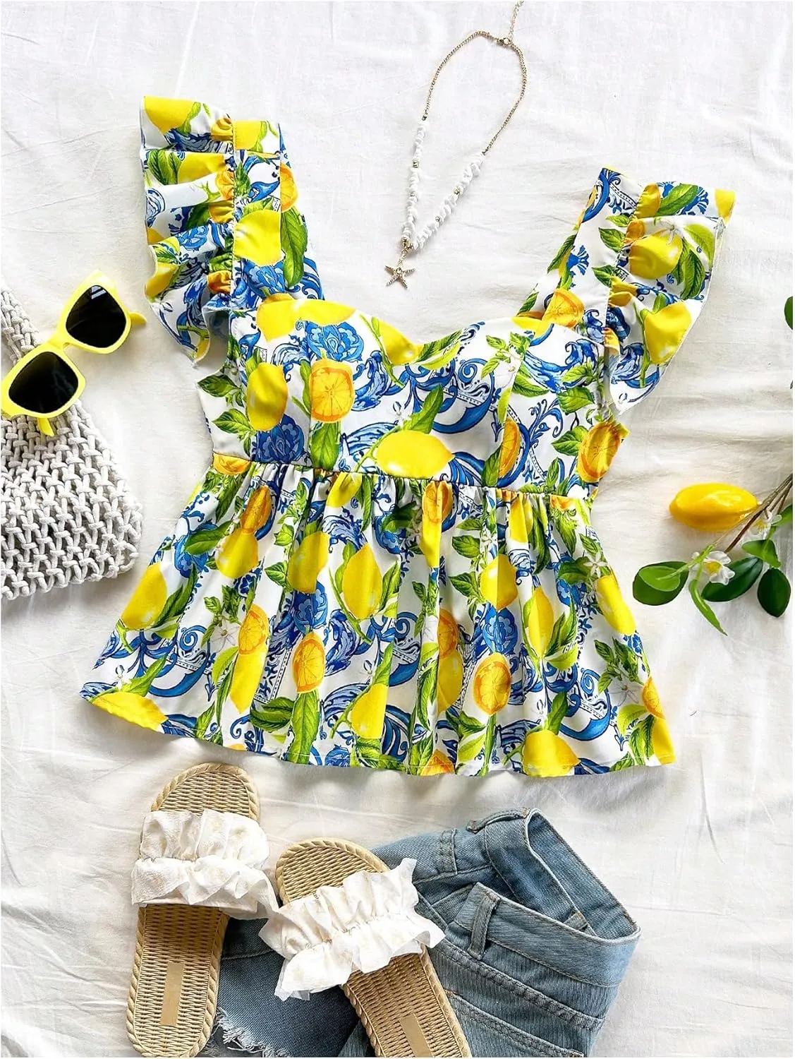 MakeMeChic Women's Lemon Print Ruffle Sleeve Blouse Peplum Summer Shirt Tops