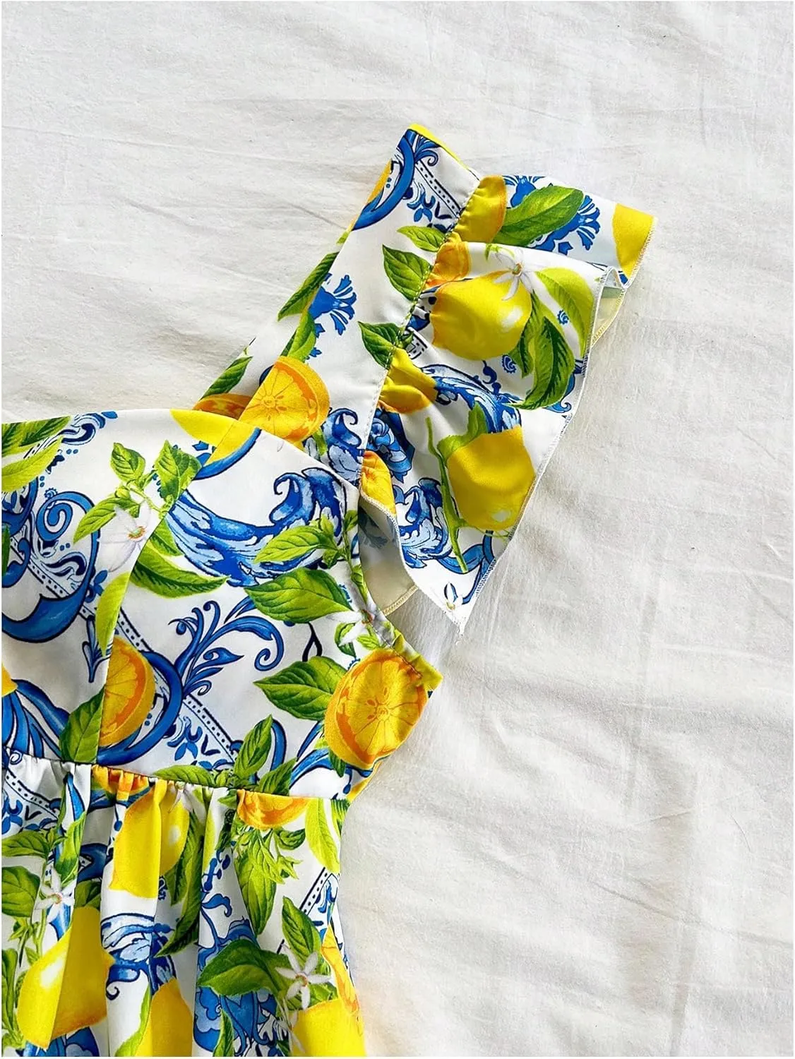 MakeMeChic Women's Lemon Print Ruffle Sleeve Blouse Peplum Summer Shirt Tops